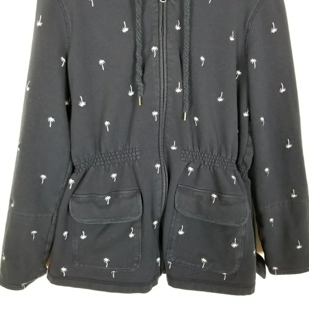 Talbots Women French Terry Palm Tree Embroidered Full Zip‎ Hoodie Sz M Navy Blue